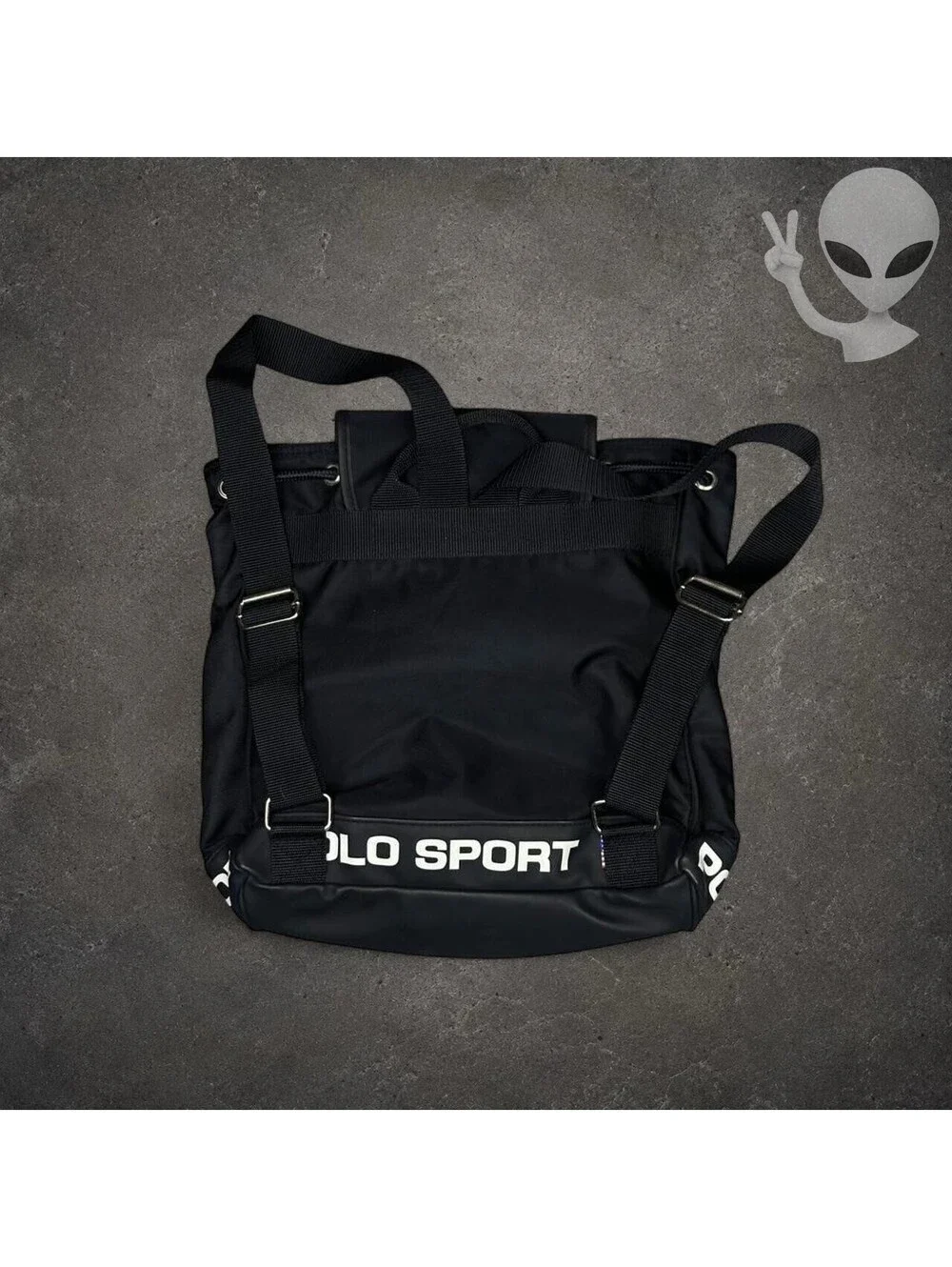 Vintage Polo Sport Ralph Lauren Black Nylon Drawstring Backpack Bag 90s